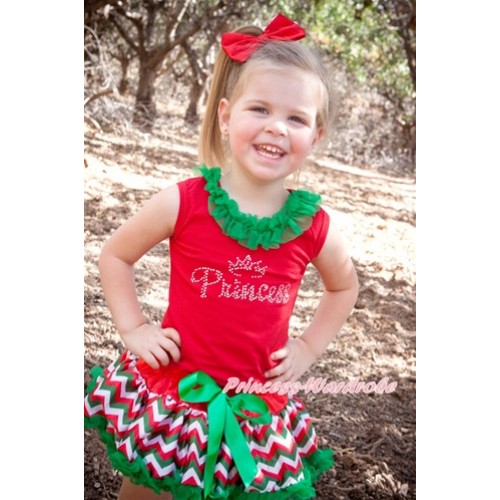 Xmas Red Baby Pettitop with Sparkle Crystal Bling Princess Print with Kelly Green Chiffon Lacing with Red White Green Wave Newborn Pettiskirt NG1278 